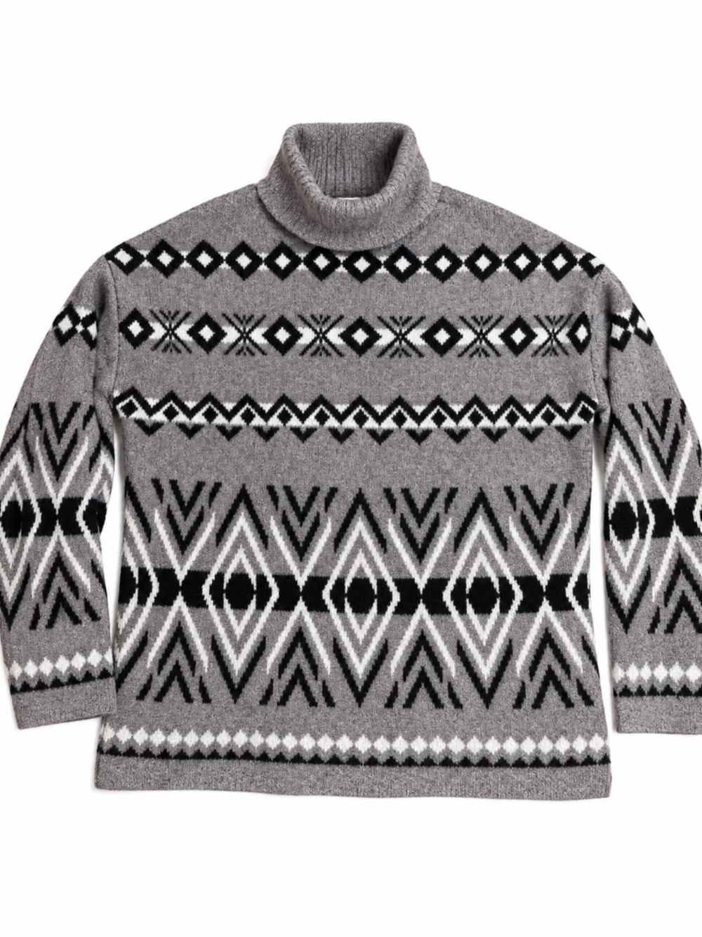 Christian Siriano New York Fair Isle Mock Neck Sweater M Gray Black White